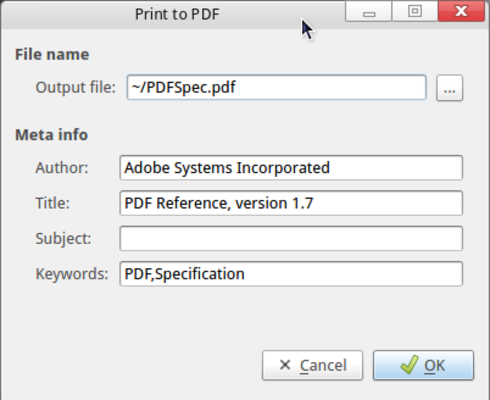 Export to PDF dialog